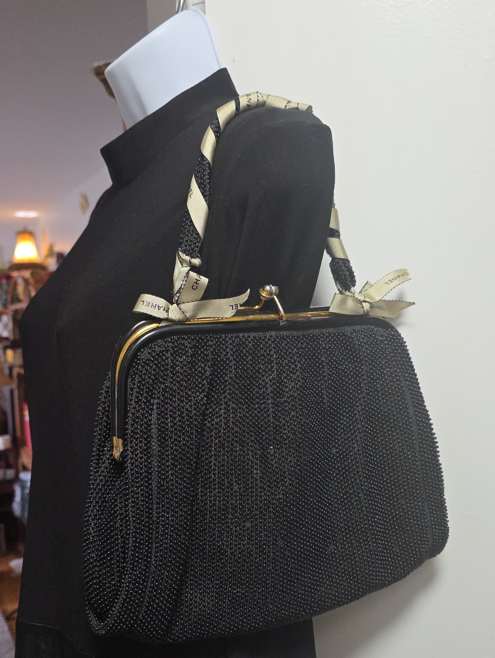 Marked Petite Bead Kisslock Evening Bag Authentic Chanel Ribbon Wrapped Handle